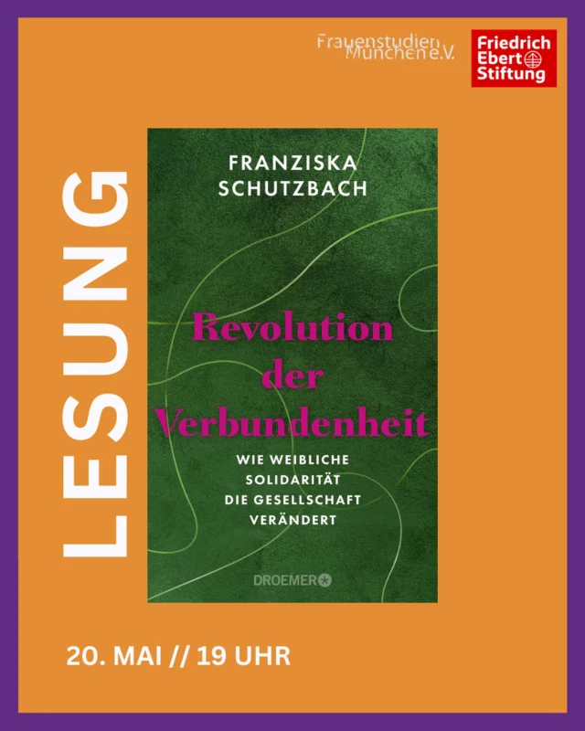 Weshalb lernen Frauen noch immer, gegeneinander statt miteinander zu agieren? Was könnte entstehen, wenn weibliche Solidarität nicht die Ausnahme, sondern das Fundament gesellschaftlichen Wandels wäre?

Am 20. Mai ist Franziska Schutzbach in München zu Gast und stellt ihr neues Buch „Revolution der Verbundenheit“ vor. Darin deckt sie auf, wie patriarchale Strukturen Frauen gegeneinander ausspielen – und wie sich genau darin eine enorme Kraft zur Veränderung verbirgt: in Verbindung statt Wettbewerb.

Wie lässt sich ein Miteinander schaffen, das auf Vertrauen statt Rivalität basiert? Welche Bedeutung haben Beziehungen für die #Emanzipation? Und wie können solidarische Netzwerke zwischen Frauen und FLINTA* unsere Gesellschaft transformieren?

📅  Dienstag, 20. Mai 2025 // 19:00 Uhr
 📍 LUISE Kulturzentrum München (@luise.kultur)
 🎟️ Eintritt: 6€, ermäßigt 4€
 🔗 Tickets & Anmeldung über Ticketino #LinkinBio
 🤝 In Kooperation mit der Friedrich-Ebert-Stiftung Bayern (@fes_bayern)

#FranziskaSchutzbach #RevolutionDerVerbundenheit #FLINTA #Feminismus #Solidarität #FeministischeSolidarität #FrauenstudienMünchen  #friedrichebertstiftung
